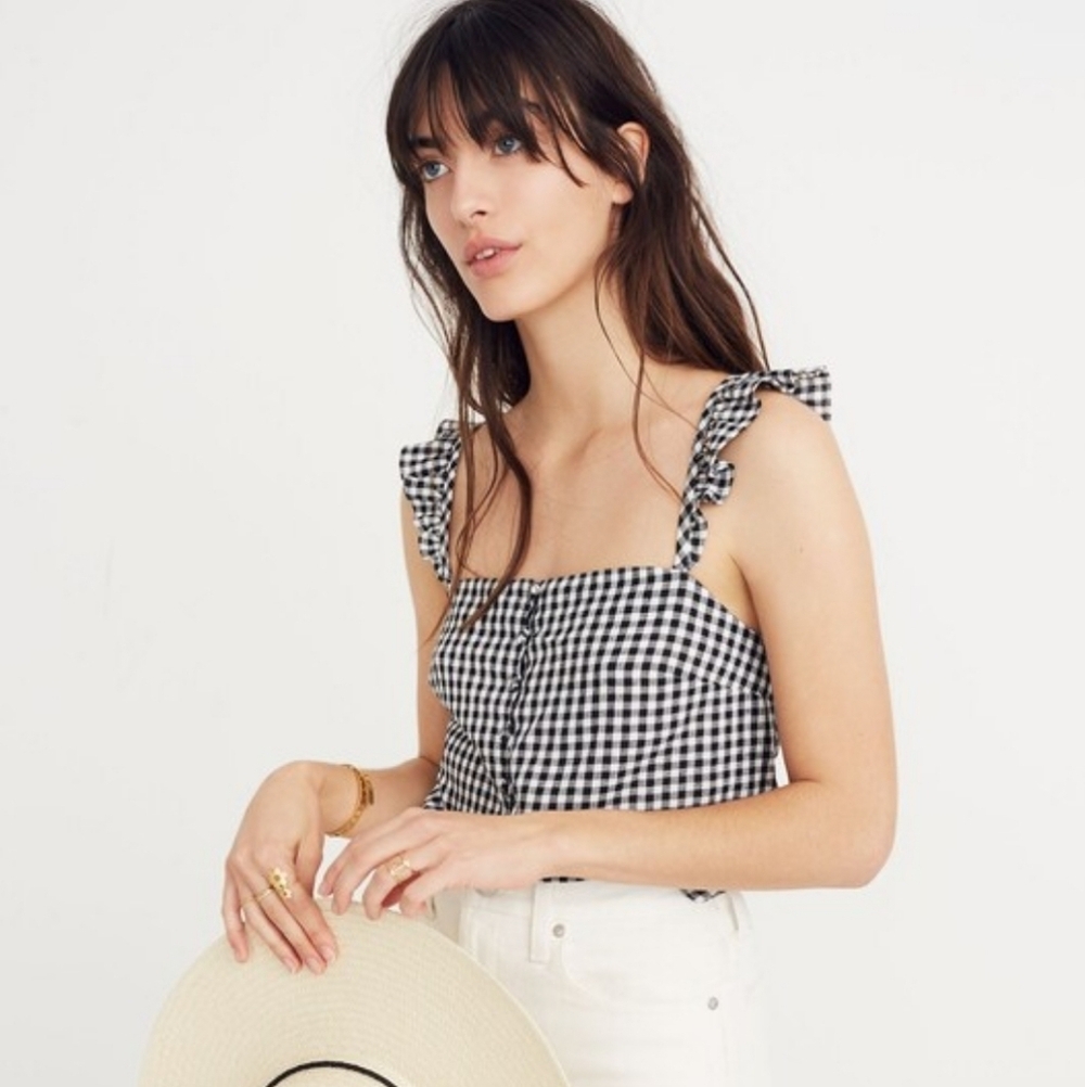 Madewell Ruffle Strap Cami Top Tank In Gingham Check Blue White Size 12